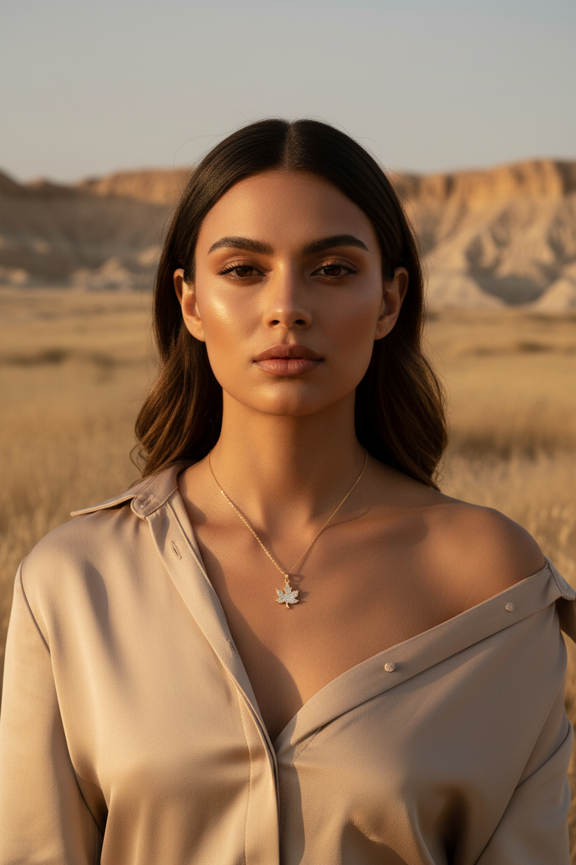 Leaf Crest Necklace fine chain necklace lifestyle shot worn on model against neutral background, ZARIÉ fine jewellery LUMIÈRE collection