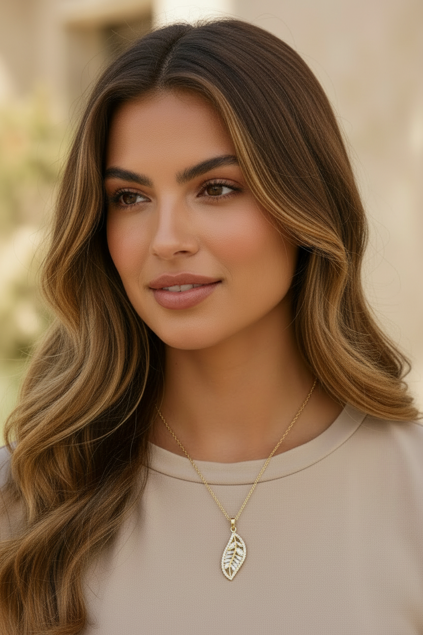 Leaf Silhouette Necklace — Gold fine chain necklace champagne gold-tone lifestyle shot worn on model against neutral background, ZARIÉ fine jewellery LUMIÈRE collection