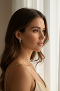 Linear Crystal Clip Earrings open band ring lifestyle shot worn on model against neutral background, ZARIÉ fine jewellery LUMIÈRE collection
