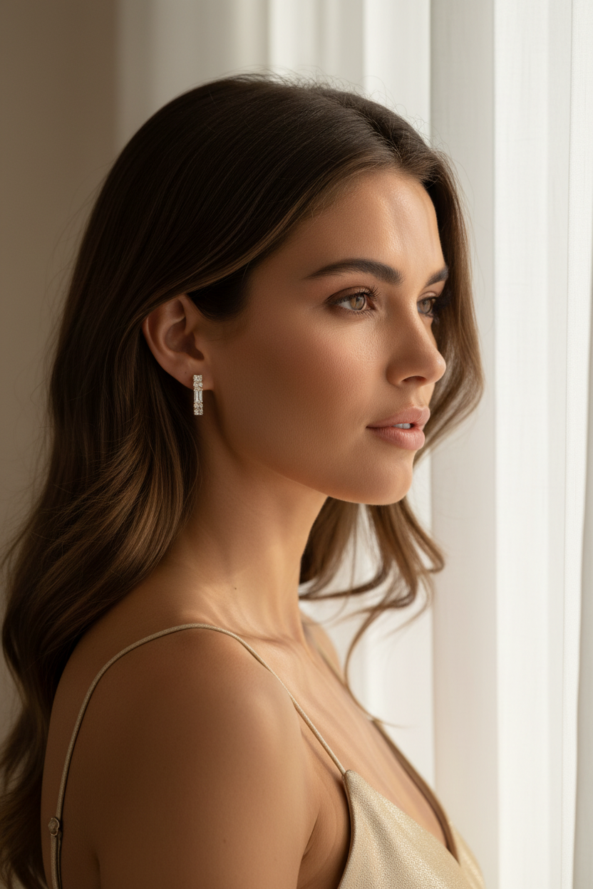 Linear Crystal Clip Earrings open band ring lifestyle shot worn on model against neutral background, ZARIÉ fine jewellery LUMIÈRE collection