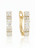 Linear Crystal Clip Earrings open band ring lifestyle shot worn on model against neutral background, ZARIÉ fine jewellery LUMIÈRE collection