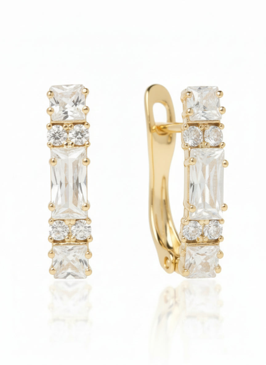 Linear Crystal Clip Earrings open band ring lifestyle shot worn on model against neutral background, ZARIÉ fine jewellery LUMIÈRE collection
