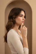 Linear Stone Handpiece fine jewellery piece lifestyle shot worn on model against neutral background, ZARIÉ fine jewellery RAYONNE collection