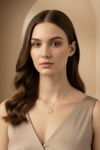 Little Butterfly Necklace — Gold fine chain necklace champagne gold-tone lifestyle shot worn on model against neutral background, ZARIÉ fine jewellery LUMIÈRE collection
