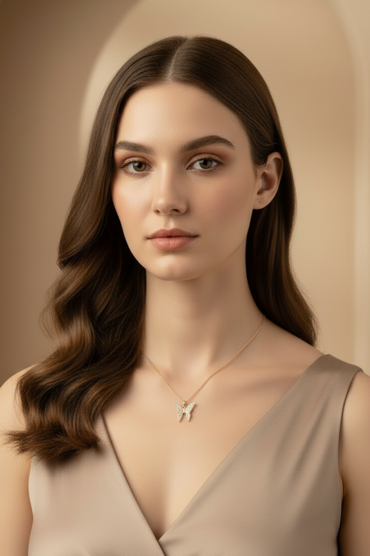 Little Butterfly Necklace — Gold fine chain necklace champagne gold-tone lifestyle shot worn on model against neutral background, ZARIÉ fine jewellery LUMIÈRE collection