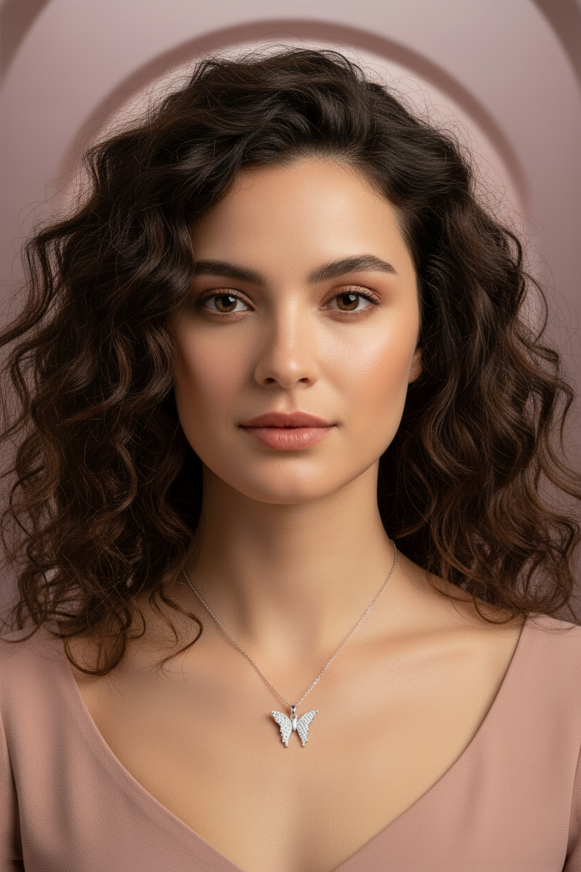 Little Butterfly Necklace — Silver fine chain necklace silver-tone lifestyle shot worn on model against neutral background, ZARIÉ fine jewellery ÉLORA collection