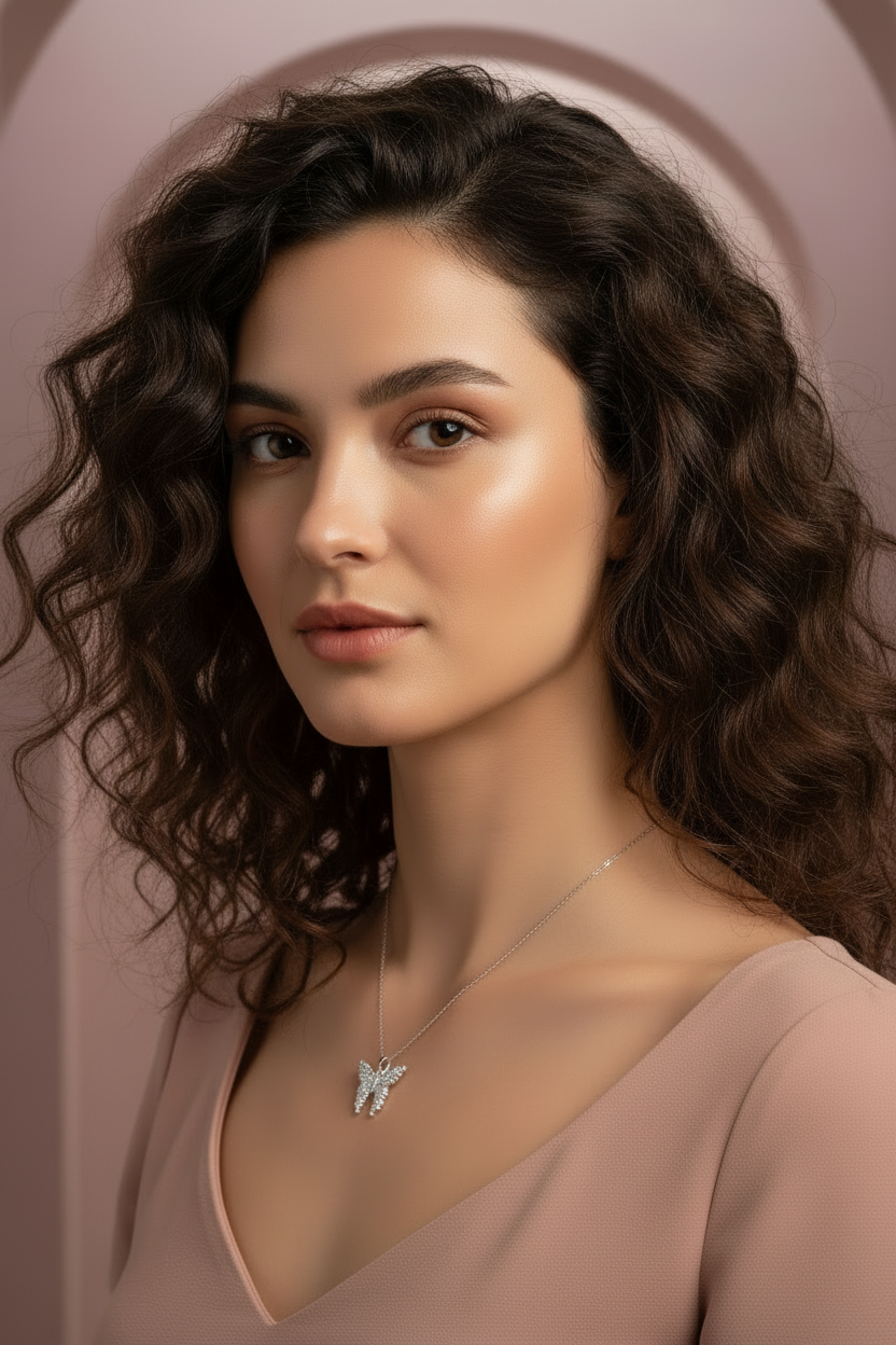Little Butterfly Necklace — Silver fine chain necklace silver-tone lifestyle shot worn on model against neutral background, ZARIÉ fine jewellery ÉLORA collection