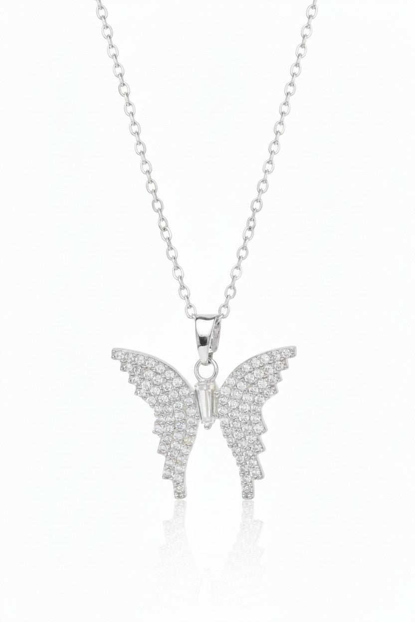 Little Butterfly Necklace — Silver fine chain necklace silver-tone on clean white background, product flat lay, ZARIÉ fine jewellery ÉLORA collection