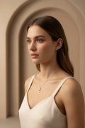 Lunar Crest Necklace — Gold fine chain necklace champagne gold-tone lifestyle shot worn on model against neutral background, ZARIÉ fine jewellery LUMIÈRE collection