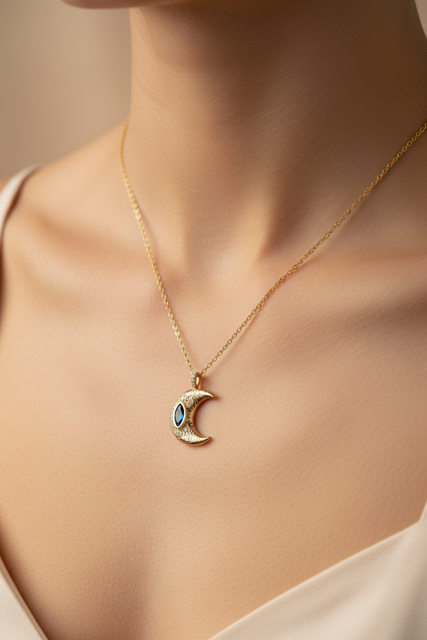 Lunar Crest Necklace — Gold fine chain necklace champagne gold-tone lifestyle shot worn on model against neutral background, ZARIÉ fine jewellery LUMIÈRE collection