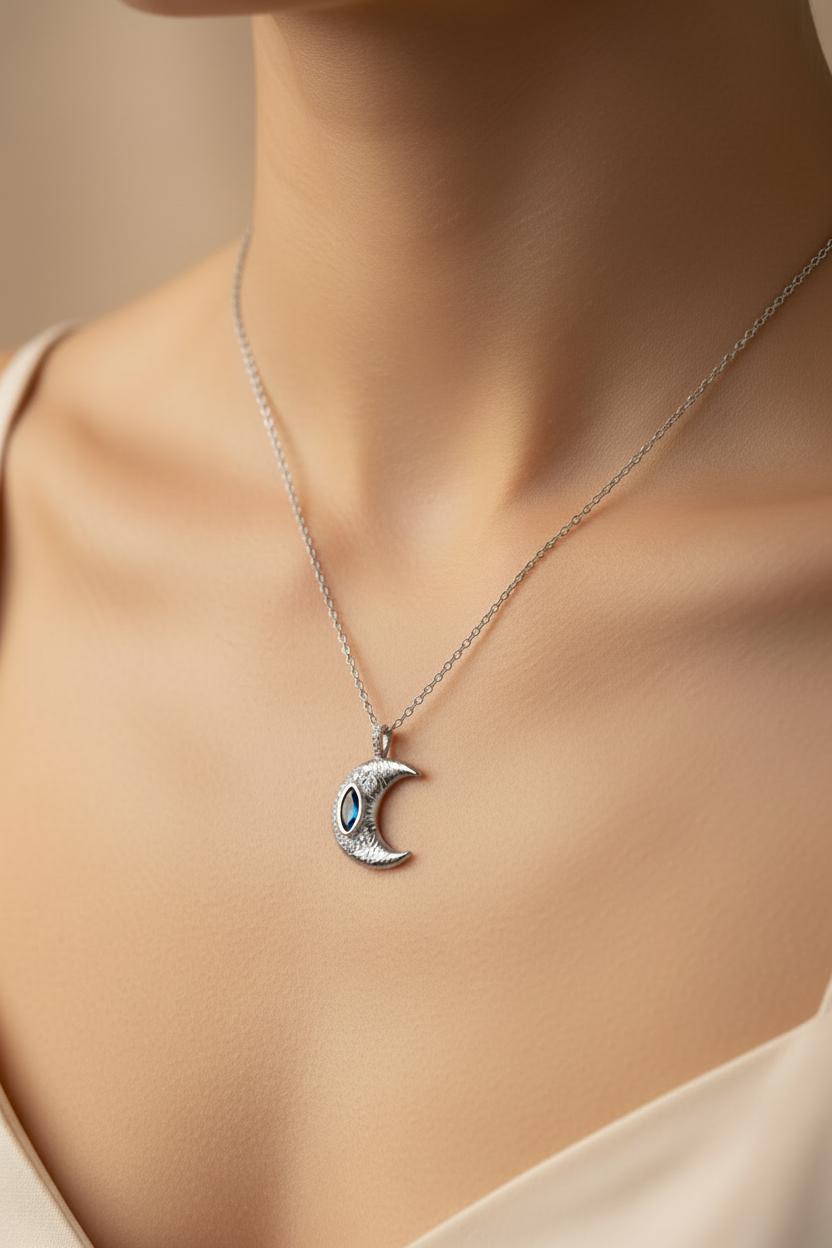 Lunar Crest Necklace — Silver fine chain necklace silver-tone close-up detail shot showing craftsmanship, ZARIÉ fine jewellery ÉLORA collection