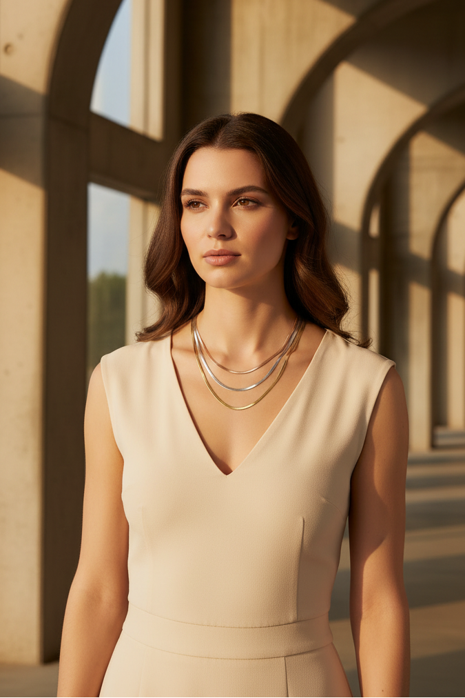 Lustre Grand Necklace fine chain necklace lifestyle shot worn on model against neutral background, ZARIÉ fine jewellery HARMONIE collection