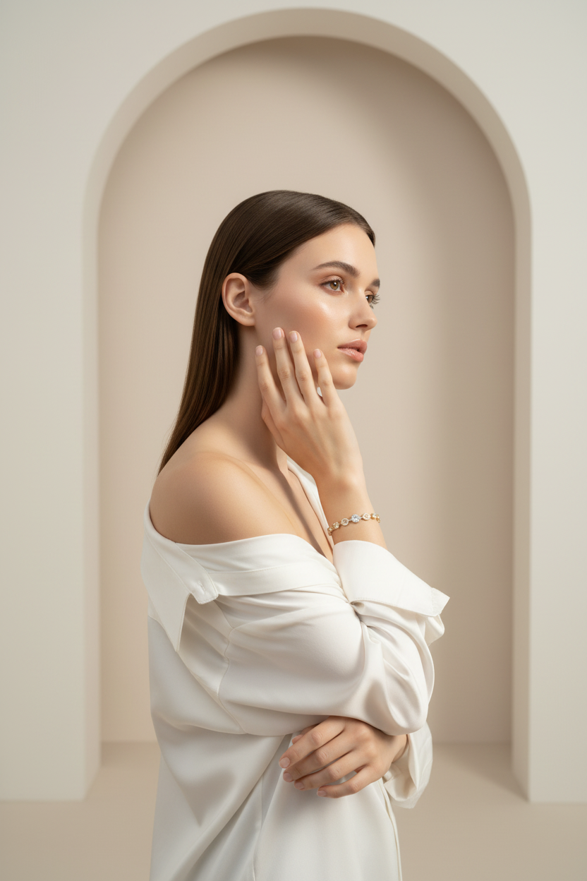 Lustre Link Bracelet — Gold delicate bracelet champagne gold-tone lifestyle shot worn on model against neutral background, ZARIÉ fine jewellery LUMIÈRE collection