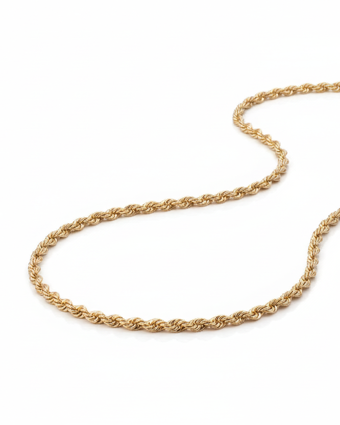 Lustre Rope Chain — Gold fine chain necklace champagne gold-tone lifestyle shot worn on model against neutral background, ZARIÉ fine jewellery HARMONIE collection