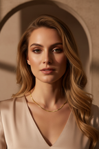 Lustre Slim Necklace fine chain necklace lifestyle shot worn on model against neutral background, ZARIÉ fine jewellery SÉRÉNITÉ collection