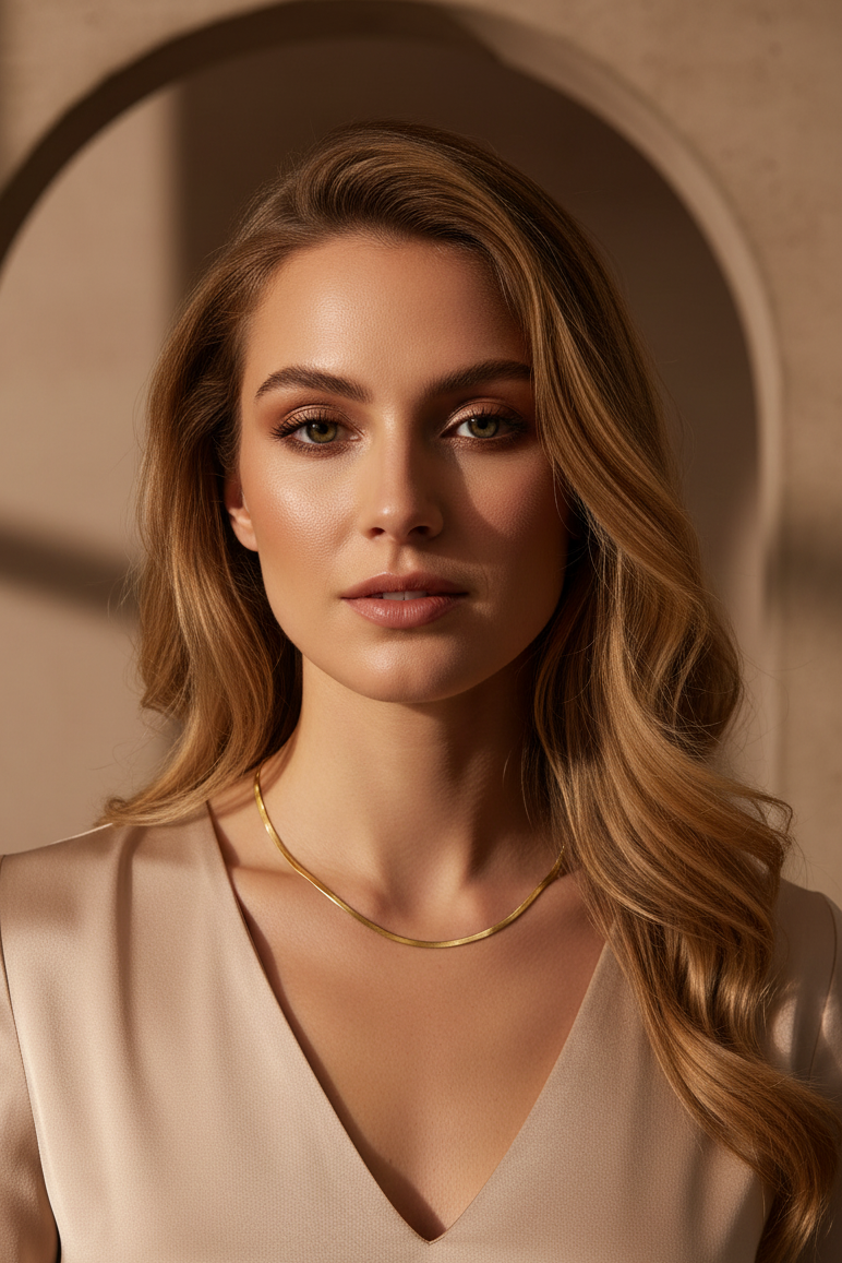 Lustre Slim Necklace fine chain necklace lifestyle shot worn on model against neutral background, ZARIÉ fine jewellery SÉRÉNITÉ collection