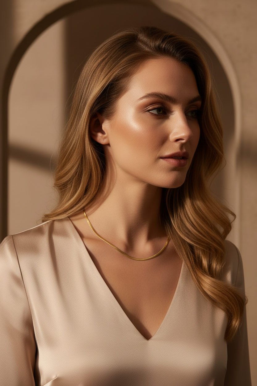 Lustre Slim Necklace fine chain necklace lifestyle shot worn on model against neutral background, ZARIÉ fine jewellery SÉRÉNITÉ collection