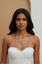 Lustre Trio Necklace fine chain necklace on clean white background, product flat lay, ZARIÉ fine jewellery ÉLORA collection