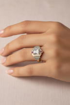 Lysenne Ring open band ring lifestyle shot worn on model against neutral background, ZARIÉ fine jewellery RAYONNE collection
