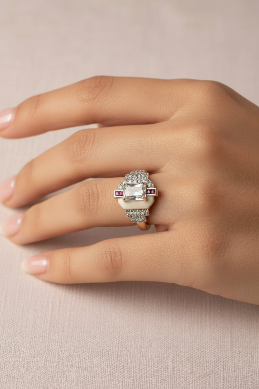 Lysenne Ring open band ring lifestyle shot worn on model against neutral background, ZARIÉ fine jewellery RAYONNE collection