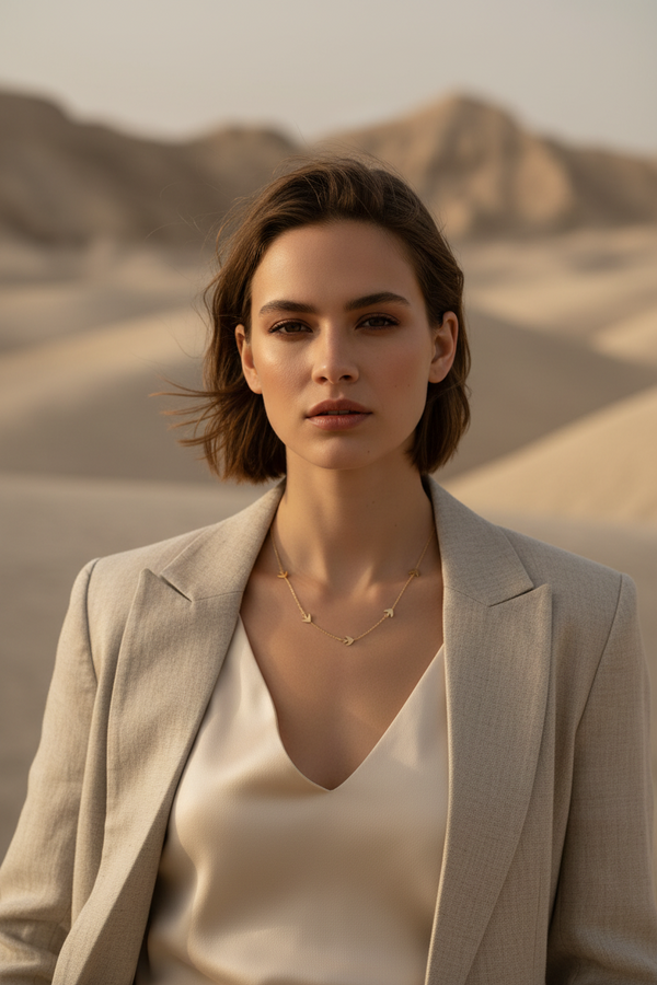 Migratory Line Necklace — Gold fine chain necklace champagne gold-tone lifestyle shot worn on model against neutral background, ZARIÉ fine jewellery SÉRÉNITÉ collection