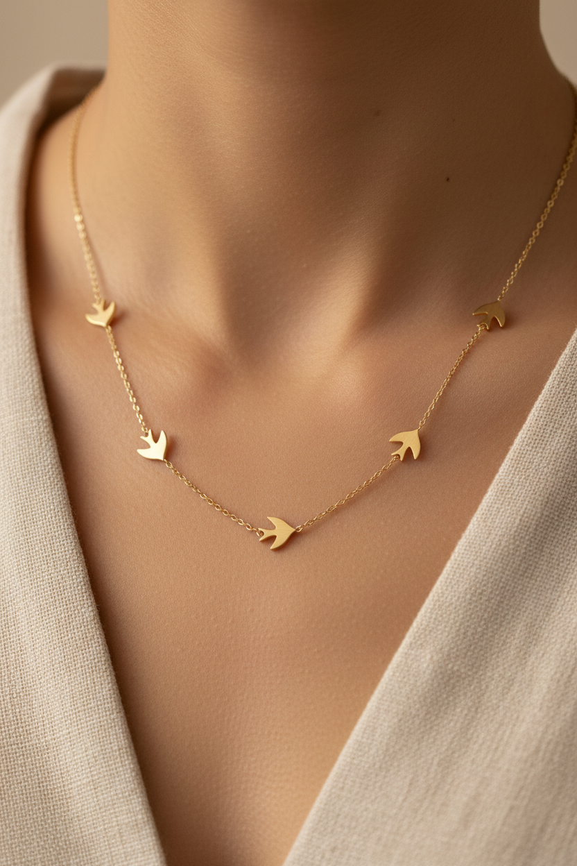 Gold necklace with bird pendants on a person wearing a beige top.