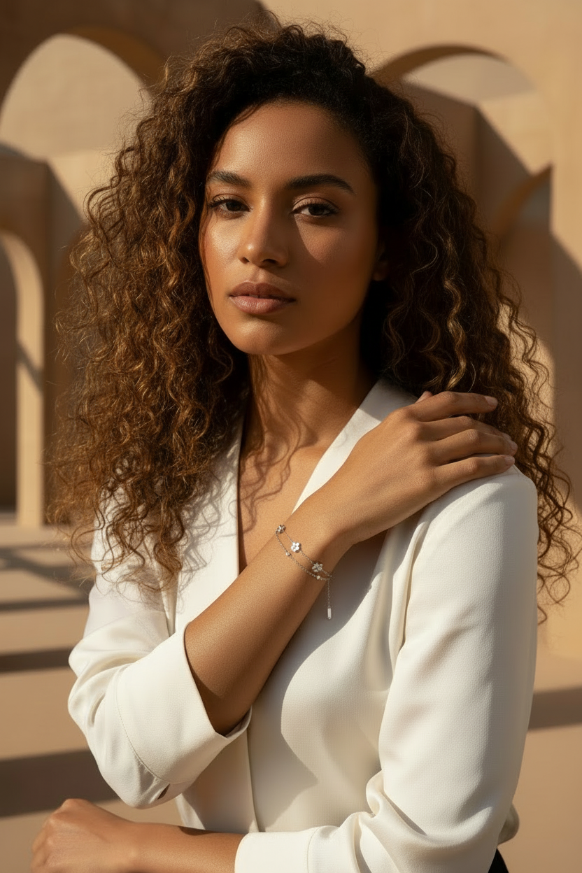 Mini Clover Chain Bracelet fine chain necklace four-leaf clover motif lifestyle shot worn on model against neutral background, ZARIÉ fine jewellery ÉLORA collection