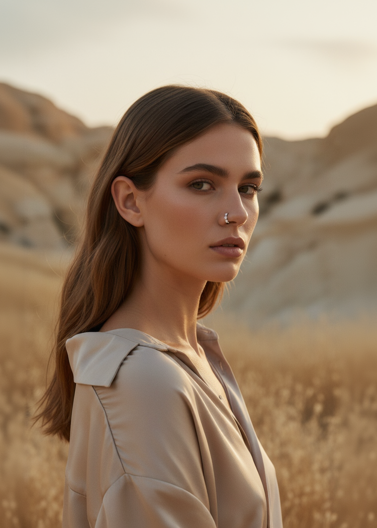 Mini Cluster Nose Stud — Silver stud earrings silver-tone lifestyle shot worn on model against neutral background, ZARIÉ fine jewellery ÉLORA collection
