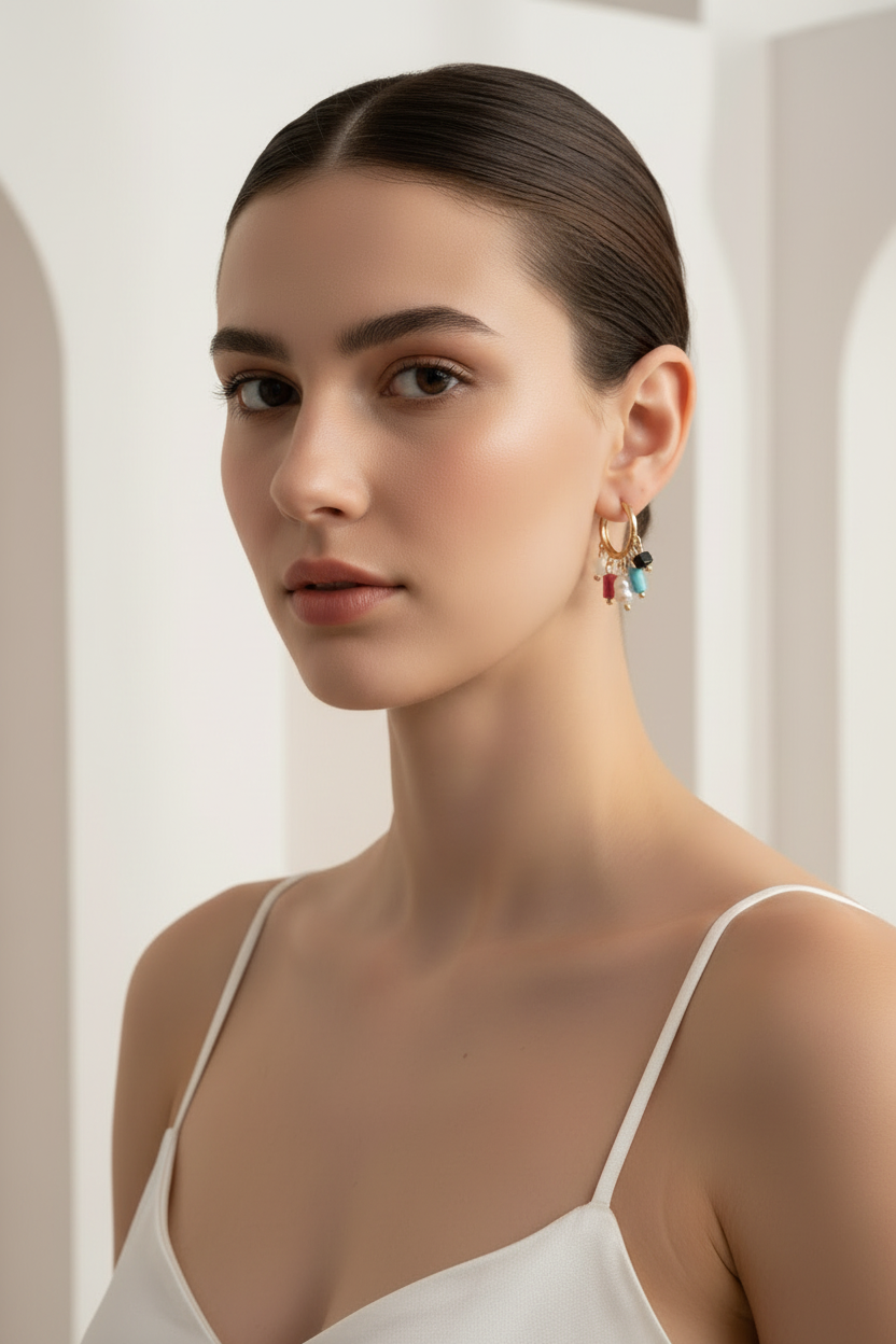 Woman wearing colorful earrings against a neutral background