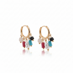 Gold hoop earrings with colorful beads on a white background