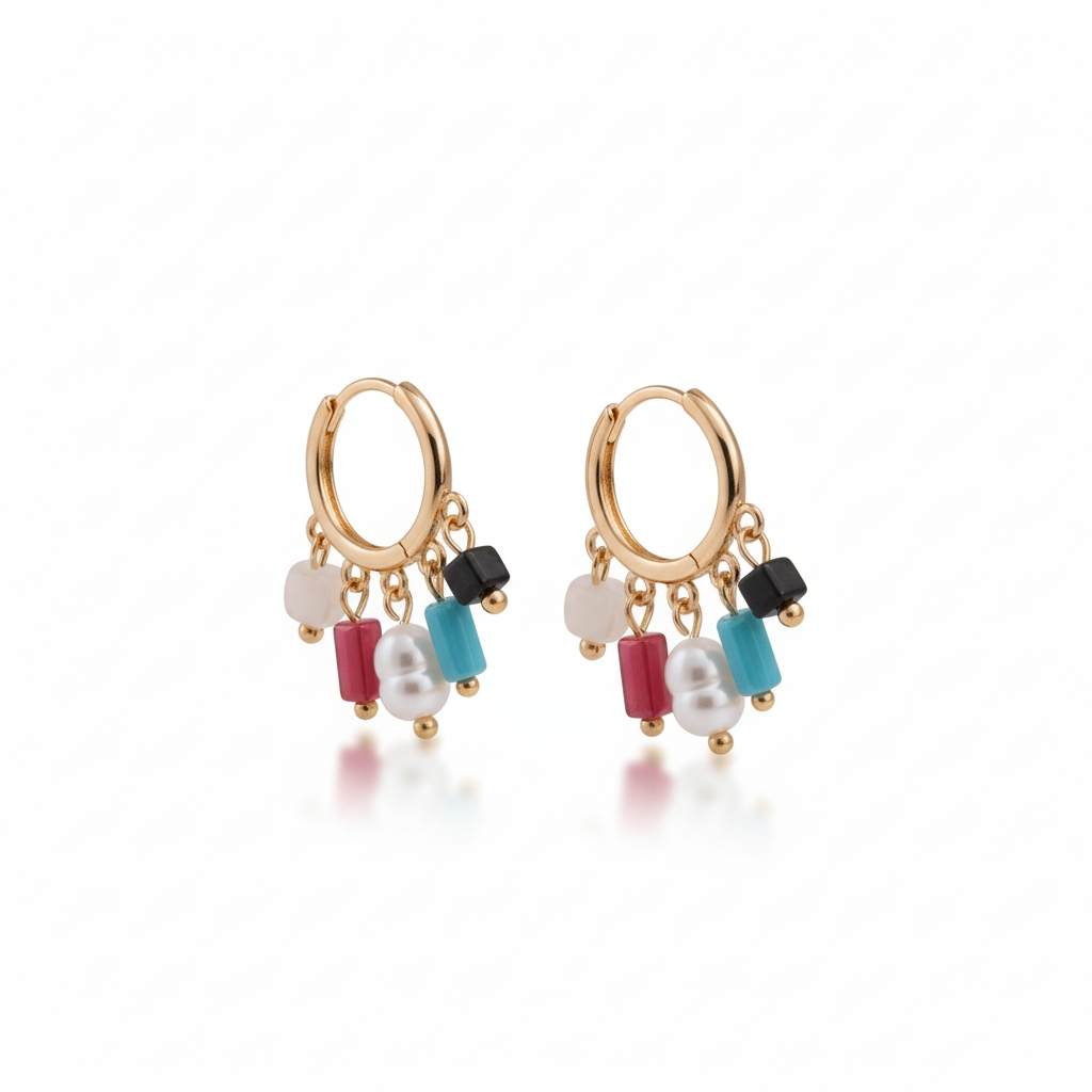 Gold hoop earrings with colorful beads on a white background
