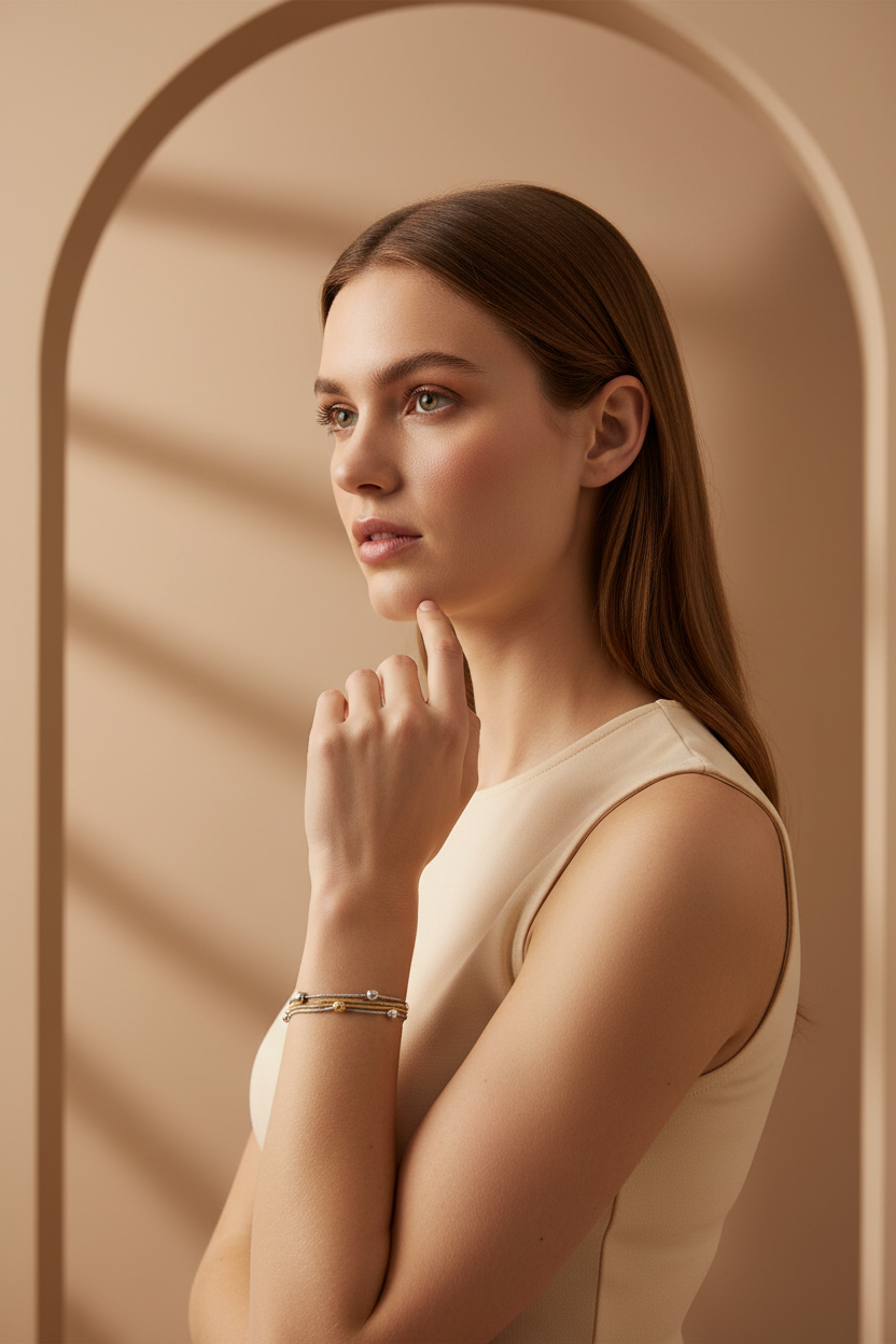 Multi-Strand Bead Bracelet delicate bracelet lifestyle shot worn on model against neutral background, ZARIÉ fine jewellery HARMONIE collection