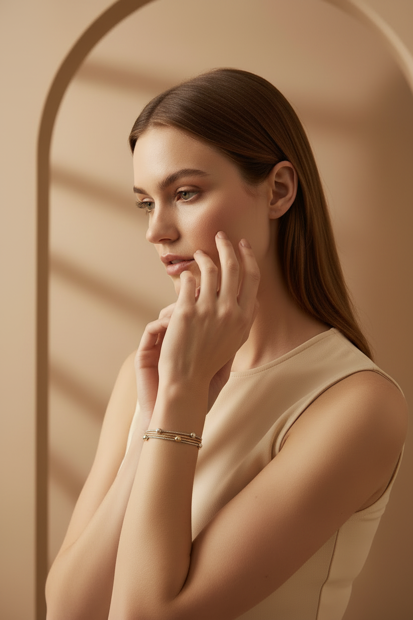 Multi-Strand Bead Bracelet delicate bracelet lifestyle shot worn on model against neutral background, ZARIÉ fine jewellery HARMONIE collection