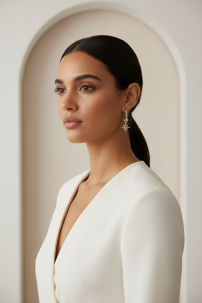 North Star Charm Hoop Earrings hoop earrings lifestyle shot worn on model against neutral background, ZARIÉ fine jewellery ÉLORA collection