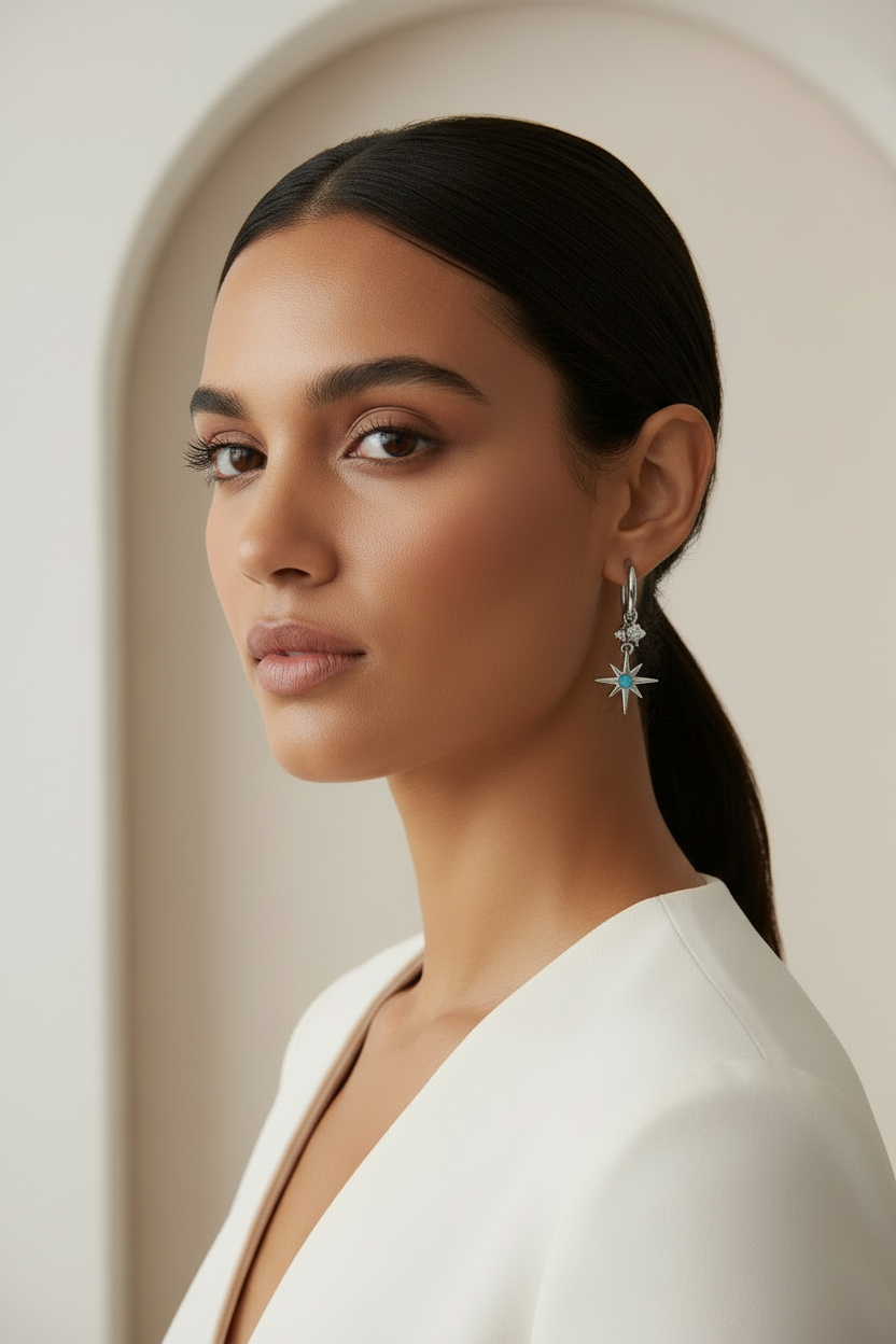 North Star Charm Hoop Earrings hoop earrings lifestyle shot worn on model against neutral background, ZARIÉ fine jewellery ÉLORA collection