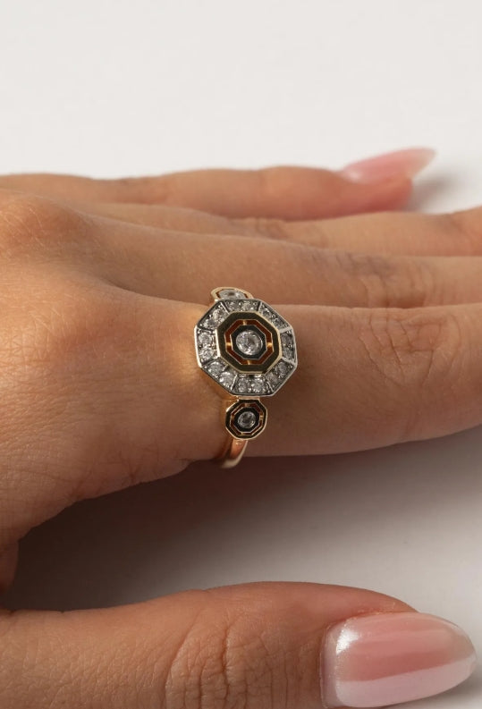 Octave Halo Ring open band ring lifestyle shot worn on model against neutral background, ZARIÉ fine jewellery LUMIÈRE collection