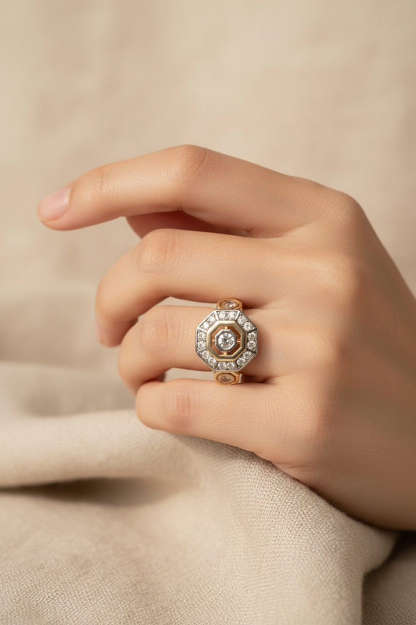 Octave Halo Ring open band ring on clean white background, product flat lay, ZARIÉ fine jewellery LUMIÈRE collection
