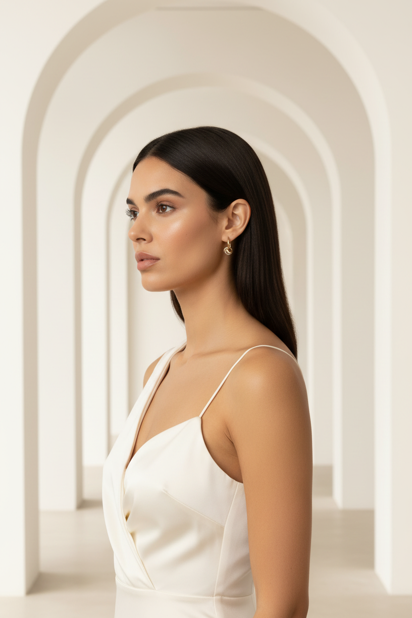 Woman in a white dress standing in a softly lit, archway-lined room.