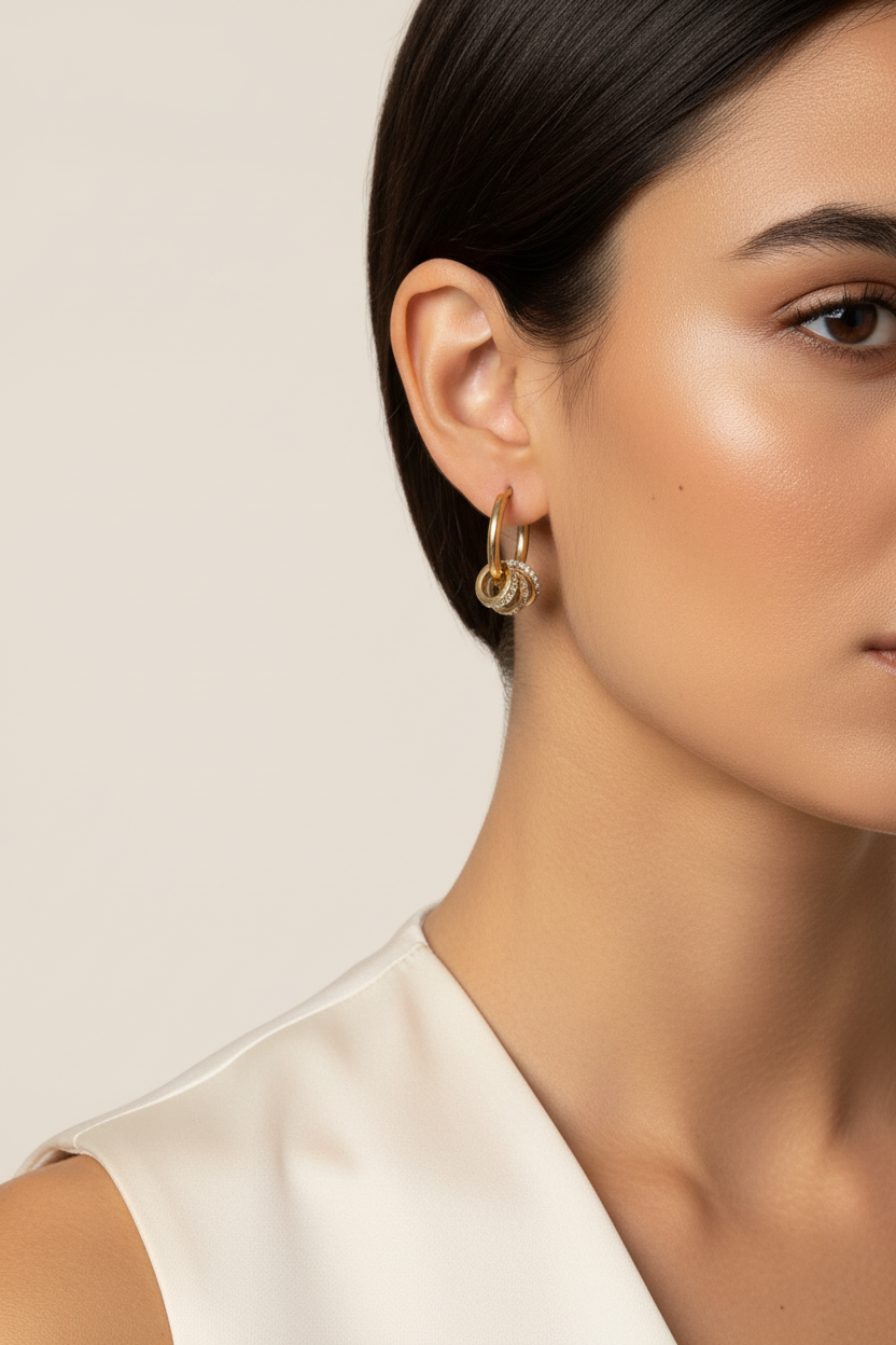 Close-up of a woman wearing gold hoop earrings against a neutral background