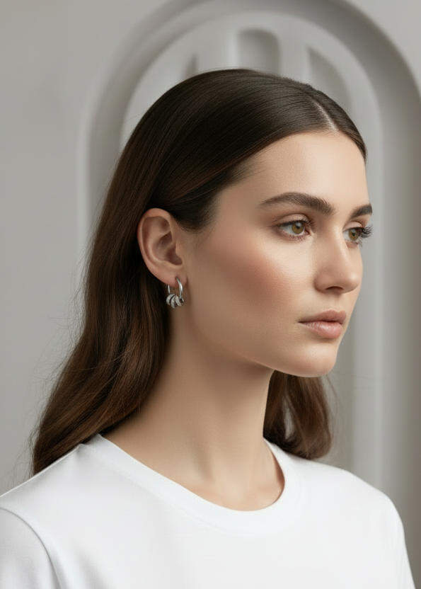 Orbit Charm Hoop Earrings – Silver hoop earrings silver-tone lifestyle shot worn on model against neutral background, ZARIÉ fine jewellery ÉLORA collection