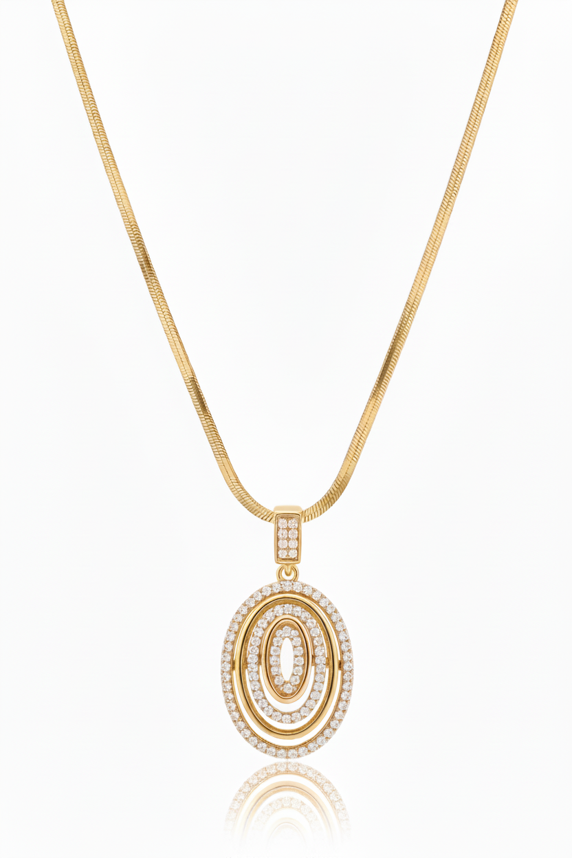 Orbit Halo Pendant Necklace — Gold pendant necklace champagne gold-tone lifestyle shot worn on model against neutral background, ZARIÉ fine jewellery LUMIÈRE collection