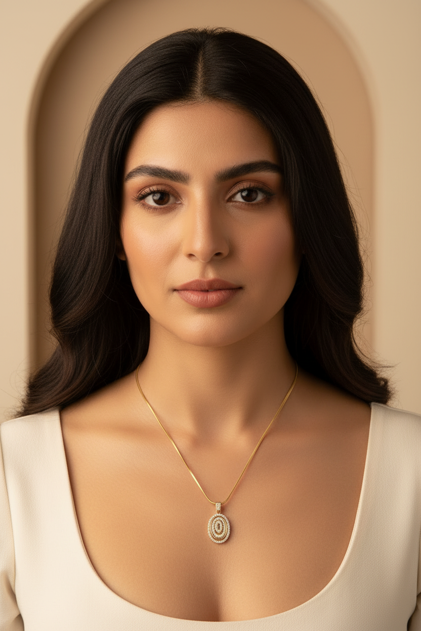 Orbit Halo Pendant Necklace — Gold pendant necklace champagne gold-tone close-up detail shot showing craftsmanship, ZARIÉ fine jewellery LUMIÈRE collection