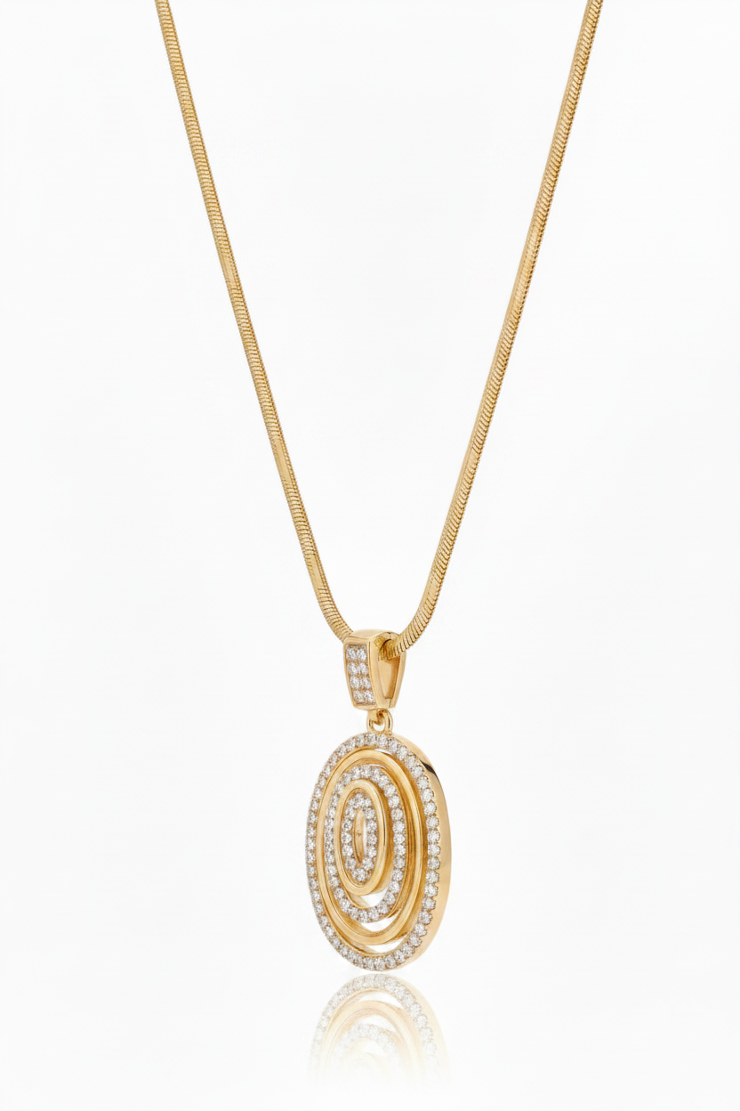 Orbit Halo Pendant Necklace — Gold pendant necklace champagne gold-tone additional product view on soft beige background, ZARIÉ fine jewellery LUMIÈRE collection