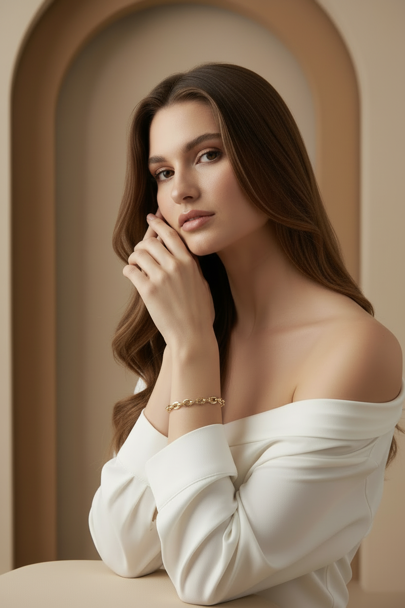 Oval Link Chain Bracelet fine chain necklace lifestyle shot worn on model against neutral background, ZARIÉ fine jewellery HARMONIE collection