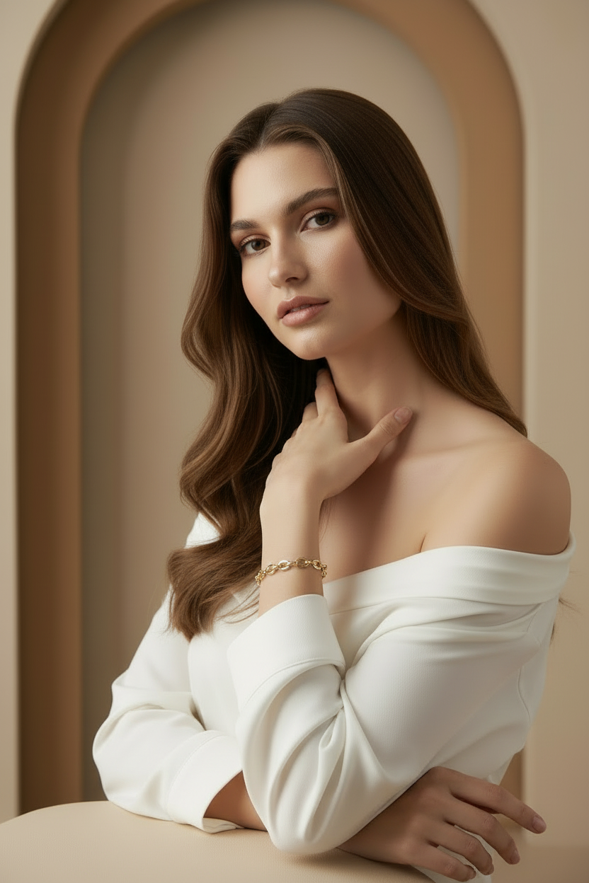 Oval Link Chain Bracelet fine chain necklace lifestyle shot worn on model against neutral background, ZARIÉ fine jewellery HARMONIE collection