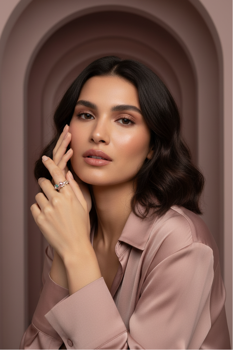 Pastel Cluster Ring open band ring lifestyle shot worn on model against neutral background, ZARIÉ fine jewellery RAYONNE collection