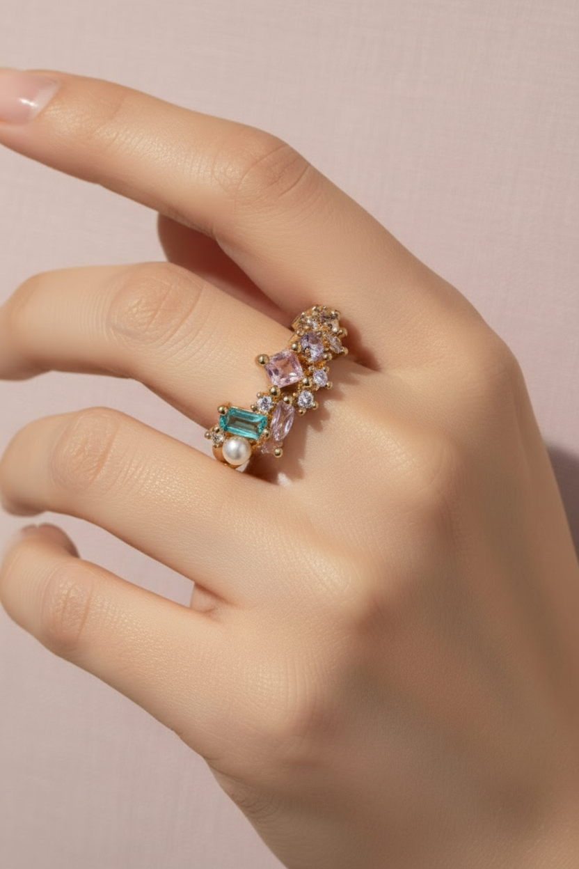 Pastel Cluster Ring open band ring lifestyle shot worn on model against neutral background, ZARIÉ fine jewellery RAYONNE collection