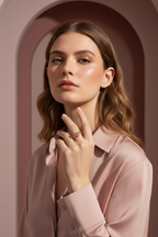 Pastel Facet Open Ring open band ring lifestyle shot worn on model against neutral background, ZARIÉ fine jewellery RAYONNE collection