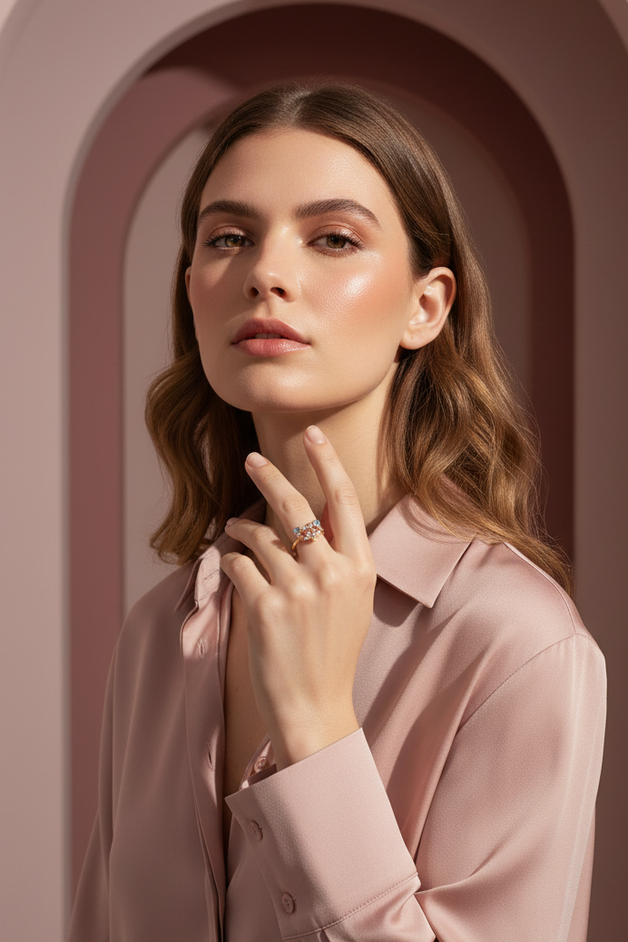 Pastel Facet Open Ring open band ring lifestyle shot worn on model against neutral background, ZARIÉ fine jewellery RAYONNE collection