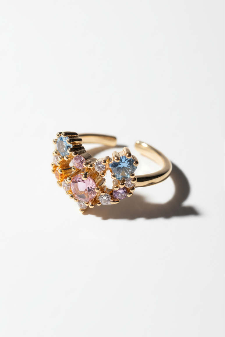 Pastel Facet Open Ring open band ring on clean white background, product flat lay, ZARIÉ fine jewellery RAYONNE collection